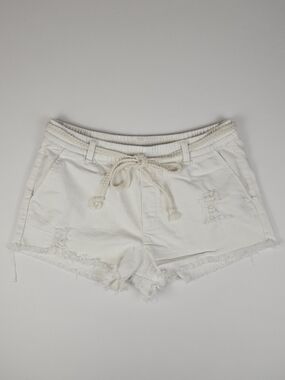 Aerie White Distressed Denim Shorts Rope Belt Frayed Hem Medium